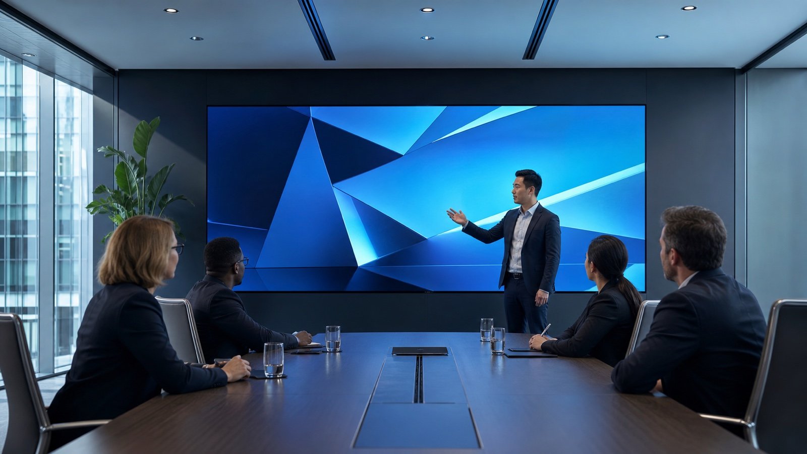 Team collaborating in a conference room with a seamless LED screen