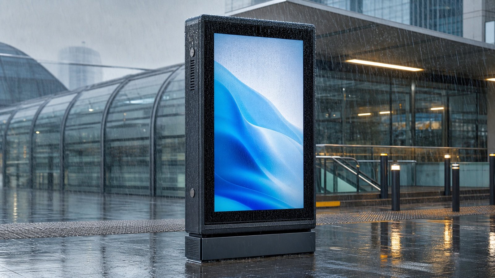 Waterproof outdoor digital signage operating during heavy rain