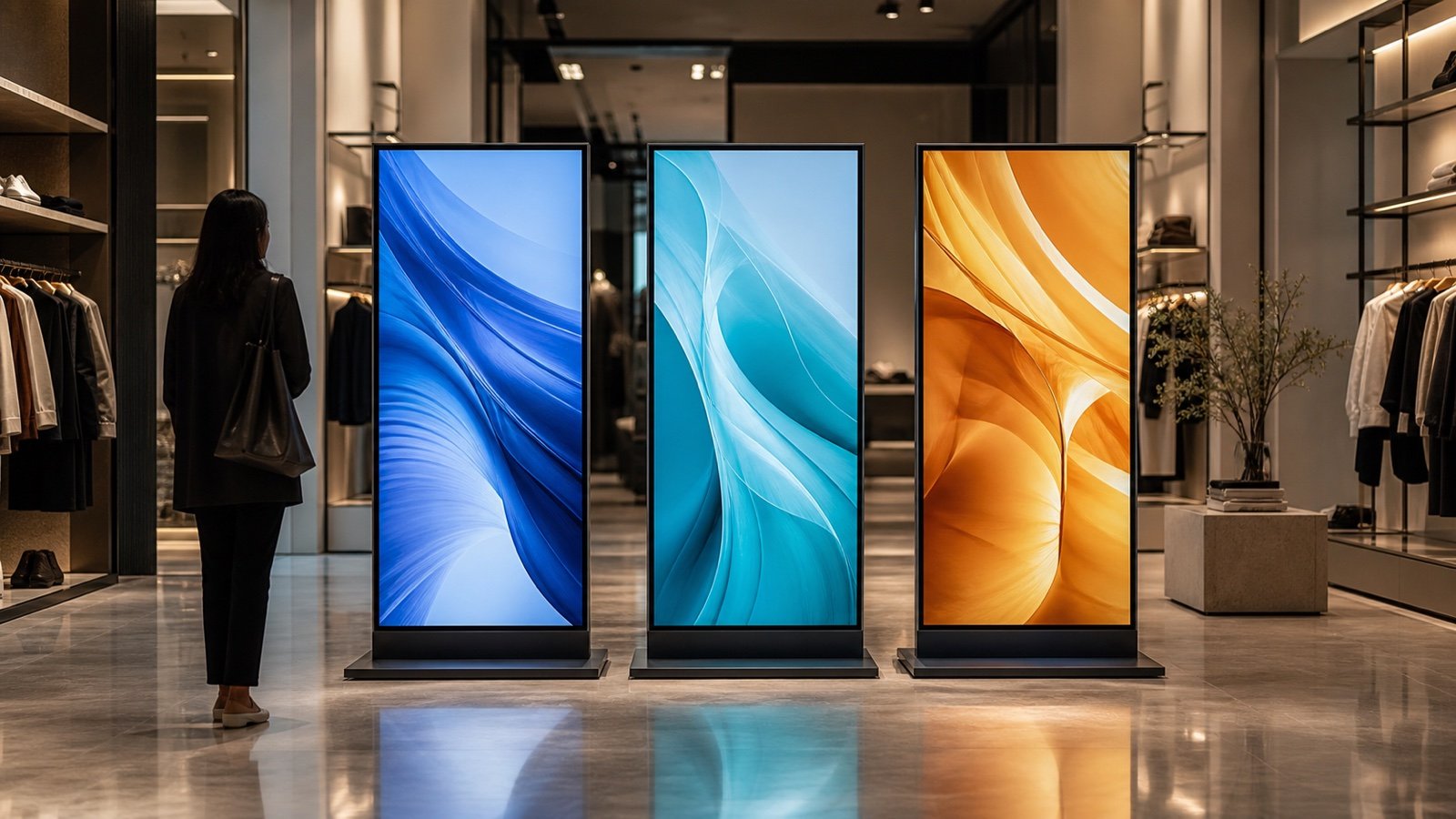 Freestanding LCD poster displays in a premium retail showroom