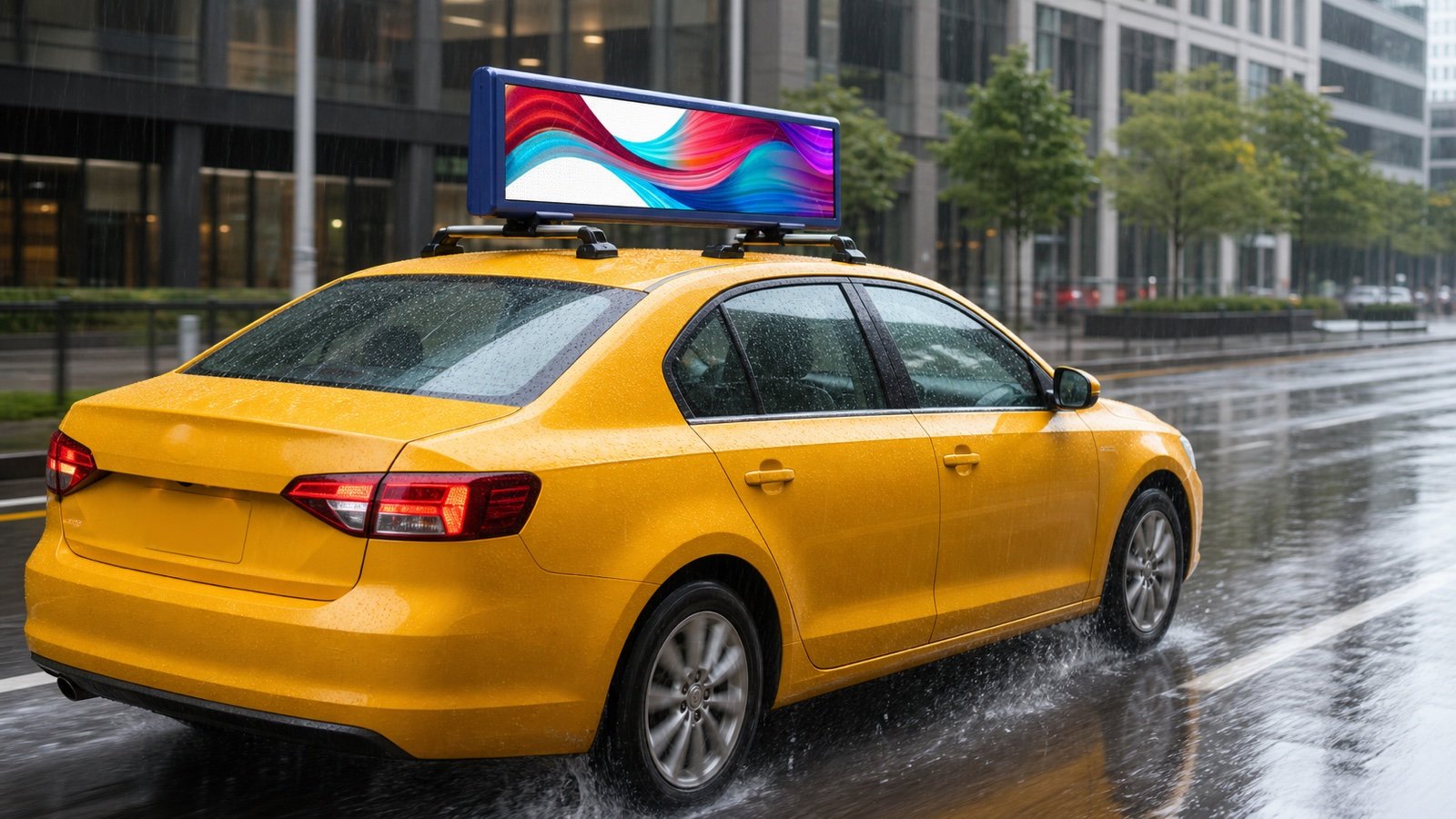 Weatherproof upright taxi rooftop LED screen installed longitudinally on roof-rack crossbars