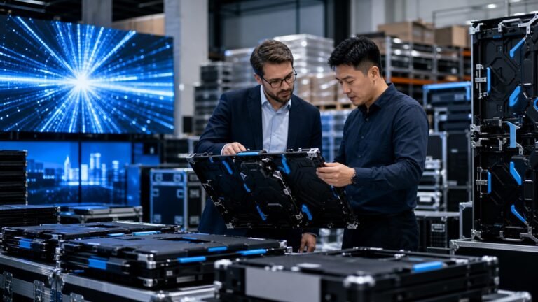 LED display distributor and engineer inspecting modular display cabinets