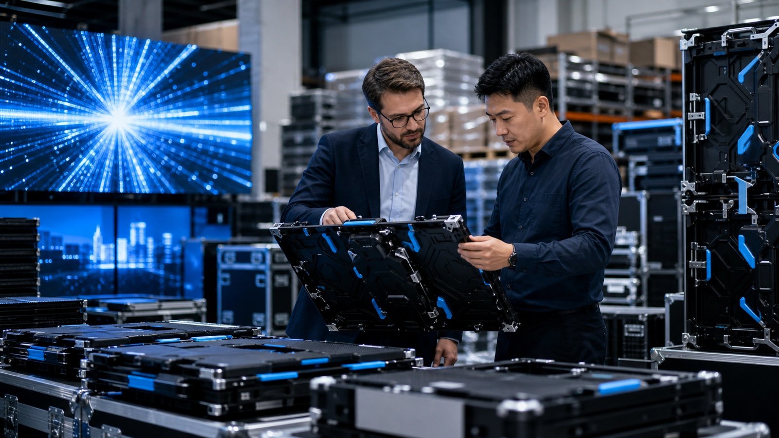 LED display distributor and engineer inspecting modular display cabinets