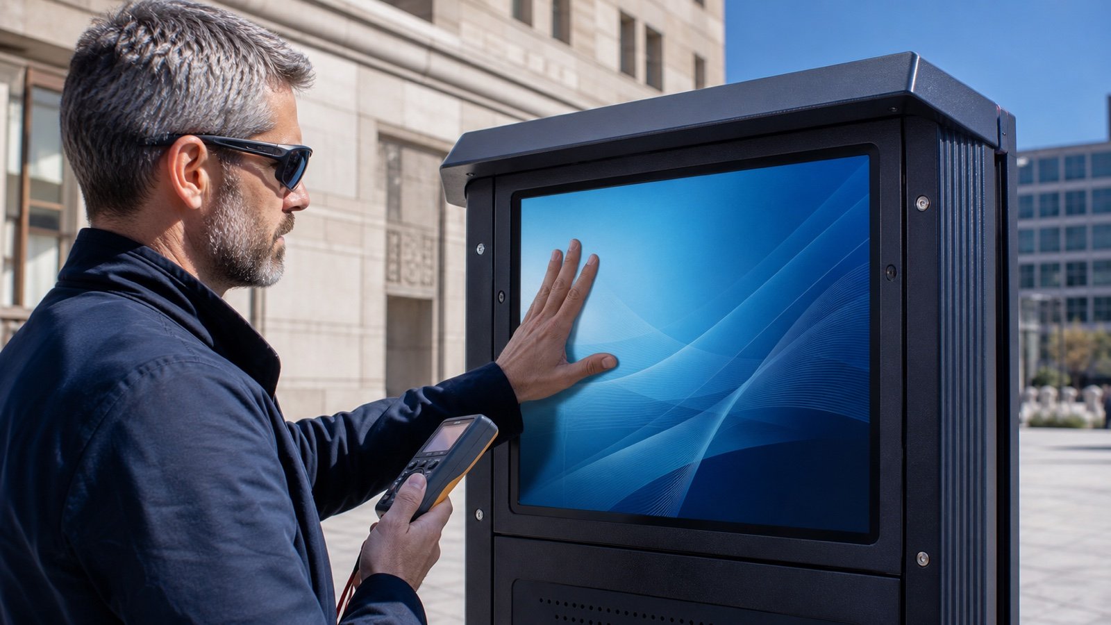 Engineer testing a high-brightness TFT display in direct sunlight