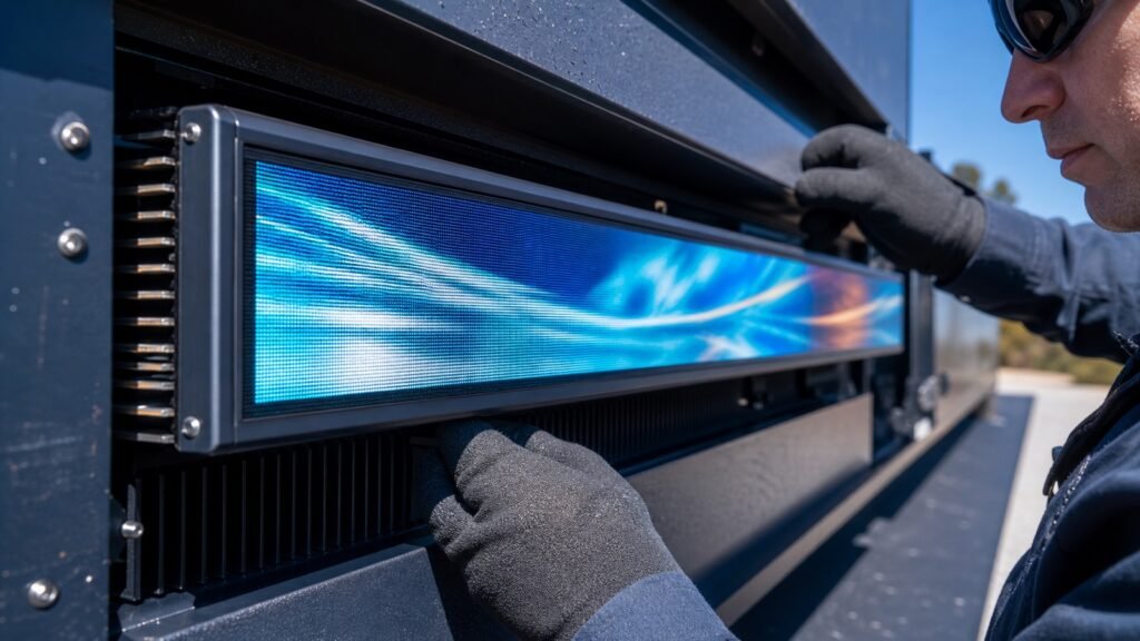 Engineer inspecting a high-brightness outdoor LED display bar module