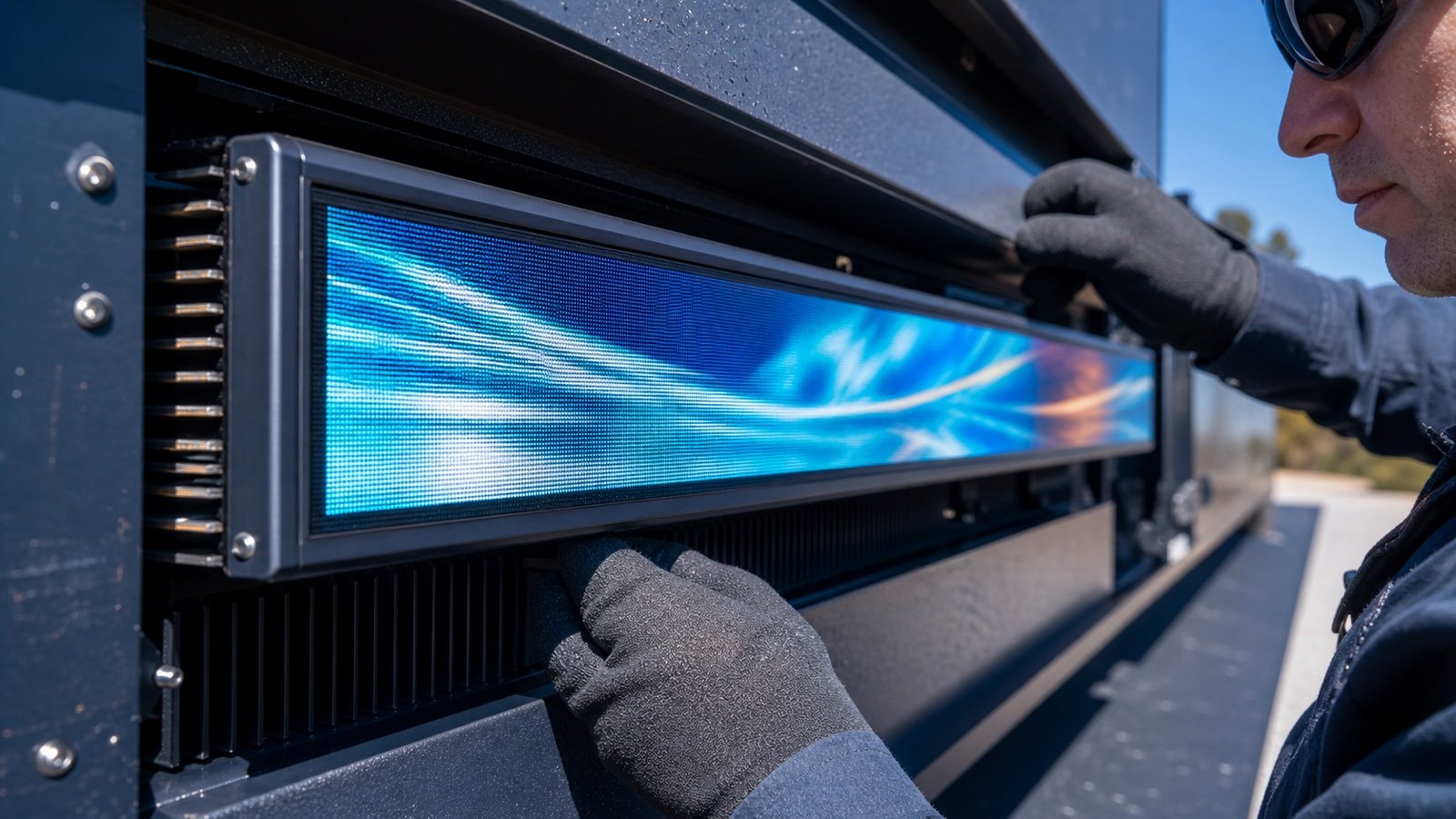 Engineer inspecting a high-brightness outdoor LED display bar module