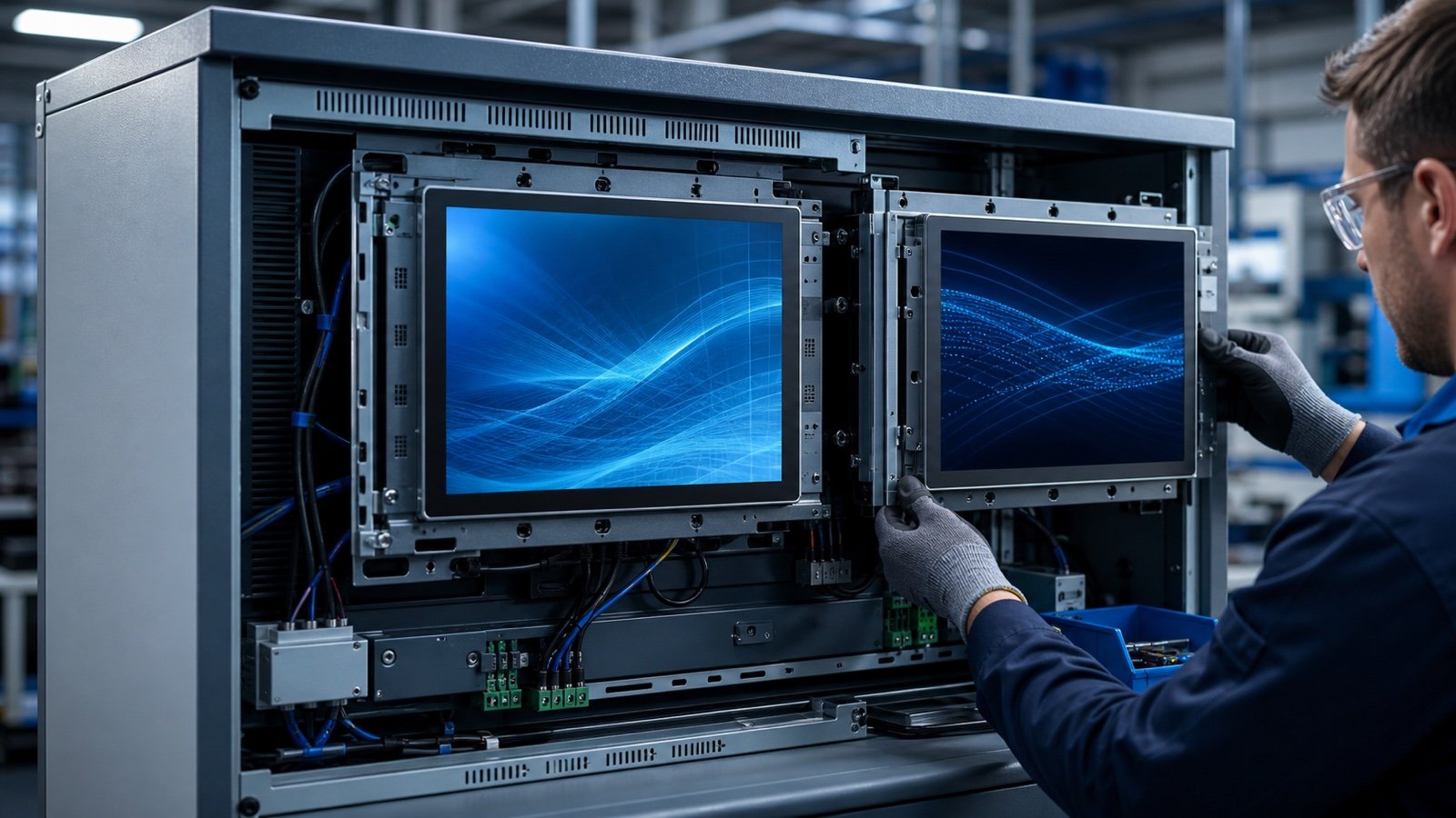 Engineer integrating open-frame monitors into an industrial control kiosk