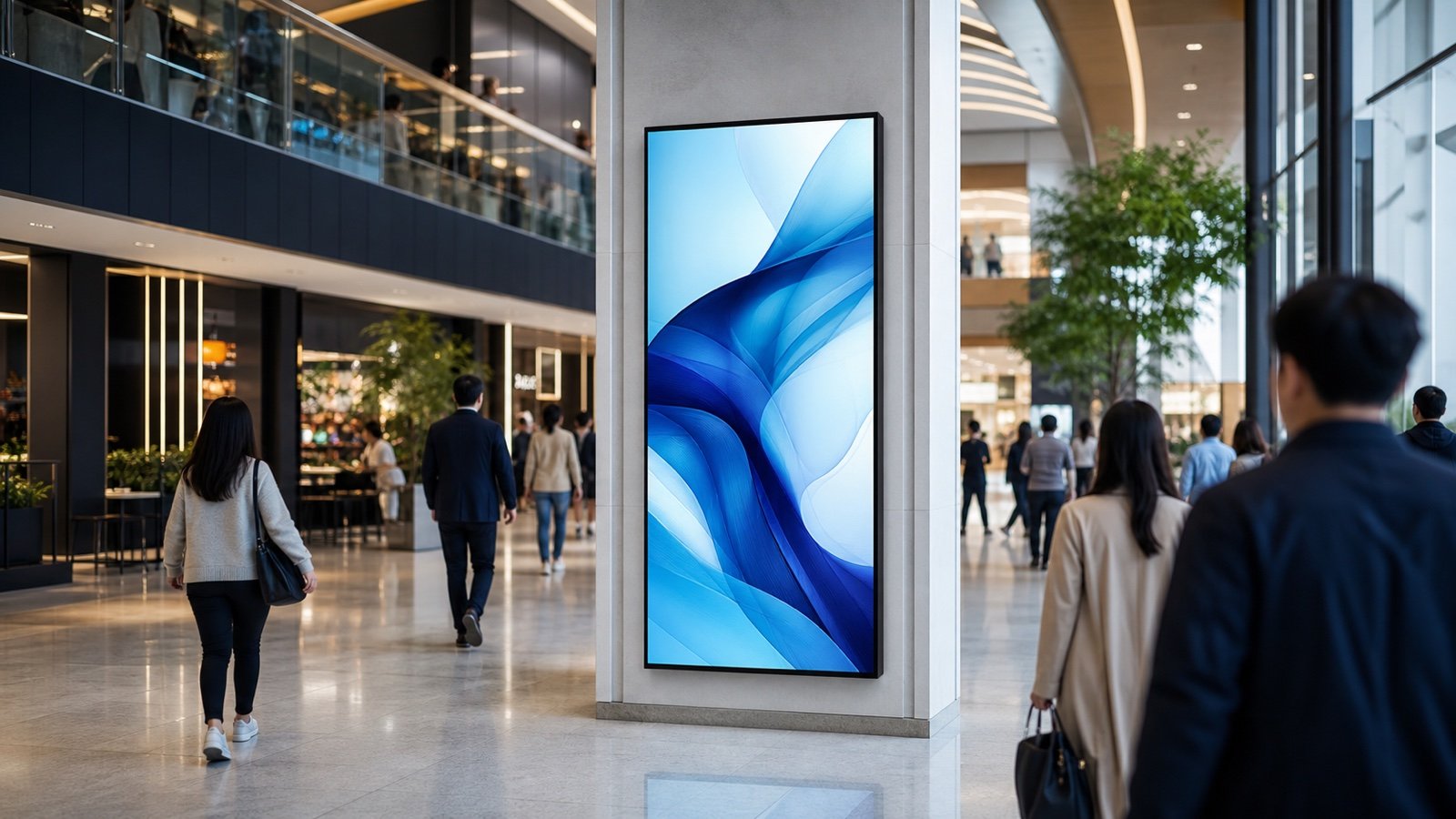 Portrait indoor LCD digital signage in a modern shopping mall