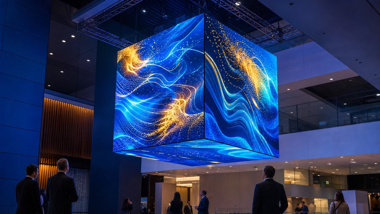 Suspended LED screen cube in a modern exhibition atrium