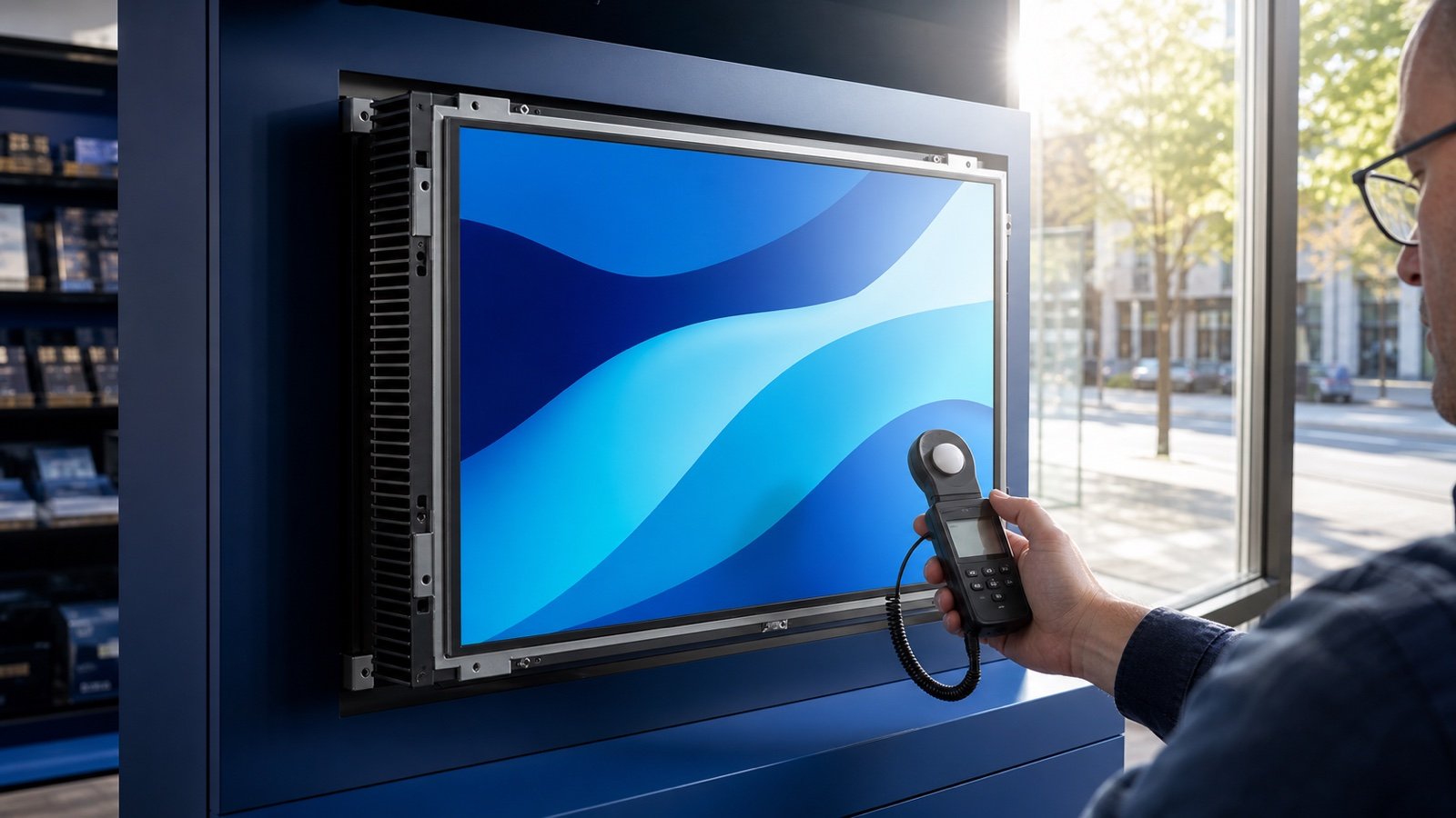 Engineer testing a sunlight-readable high-brightness open-frame monitor