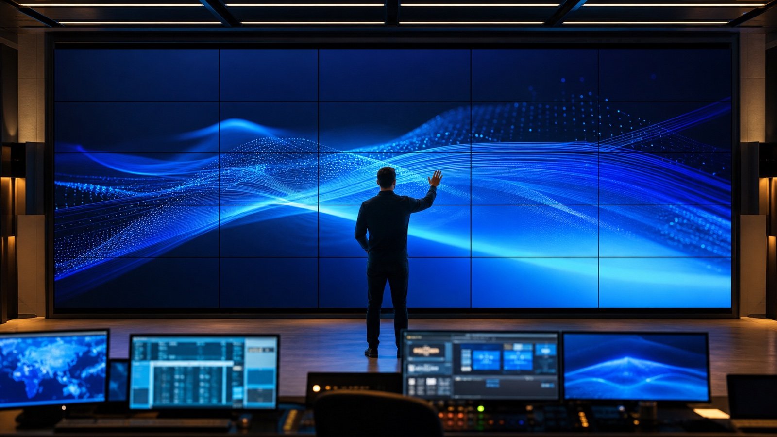Engineer inspecting a fine-pitch high-resolution display wall in a control room