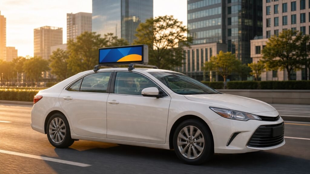 Realistic upright double-sided taxi rooftop LED display mounted longitudinally on roof-rack crossbars