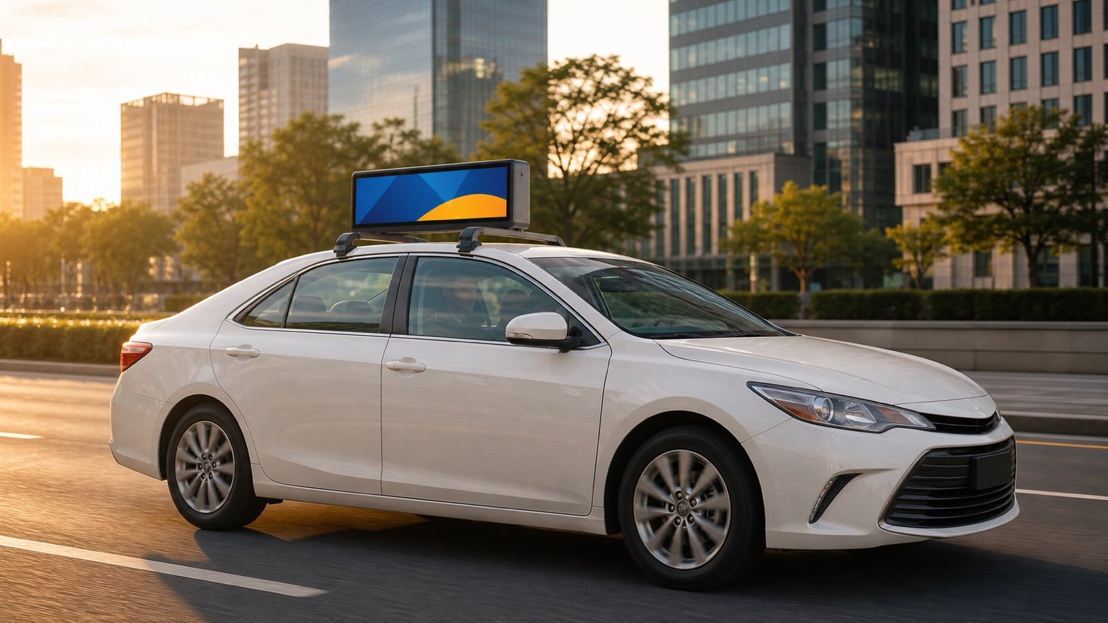 Realistic upright double-sided taxi rooftop LED display mounted longitudinally on roof-rack crossbars