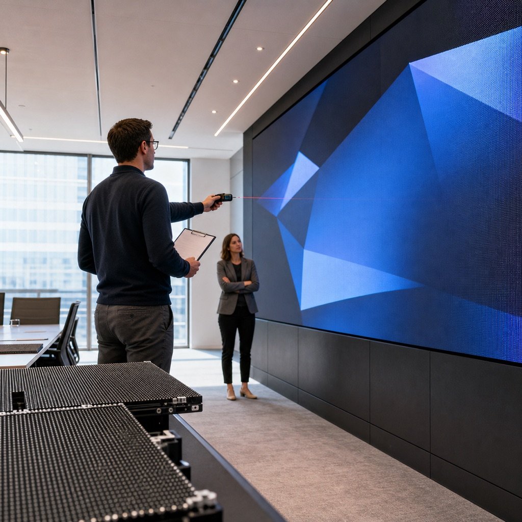 AV professionals measuring viewing distance in front of a fine-pitch LED wall