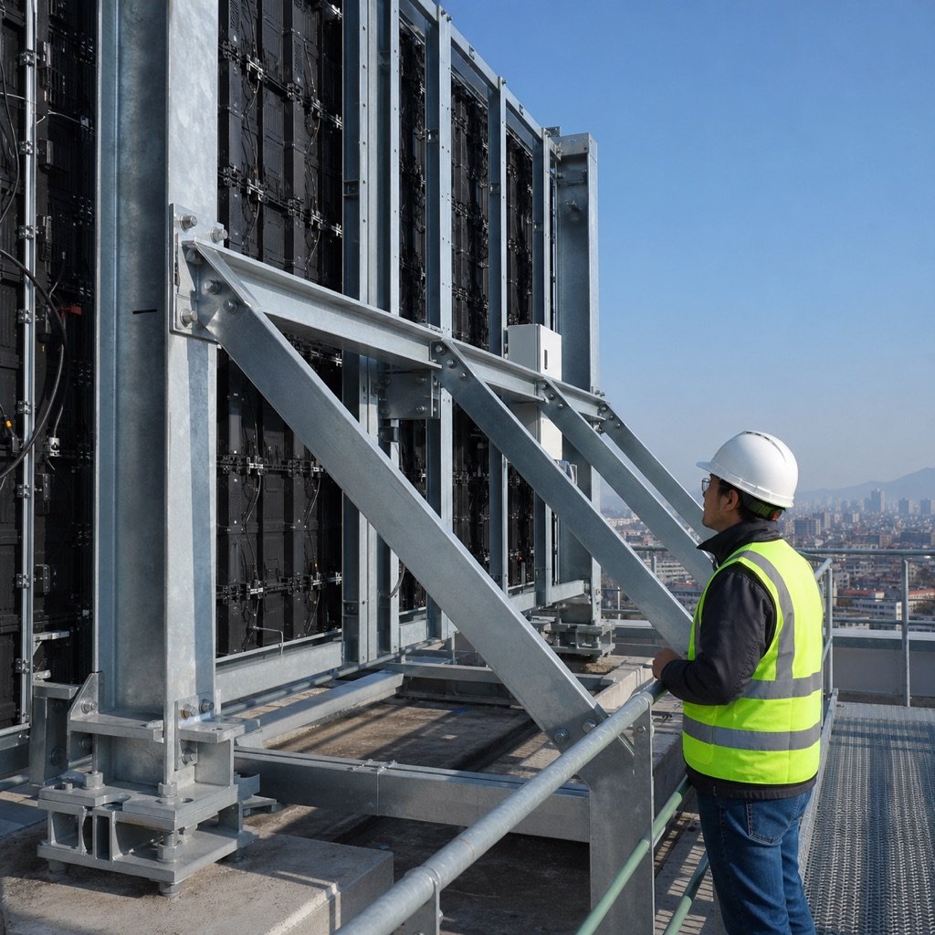 Engineer inspecting the steel support frame behind an outdoor LED display