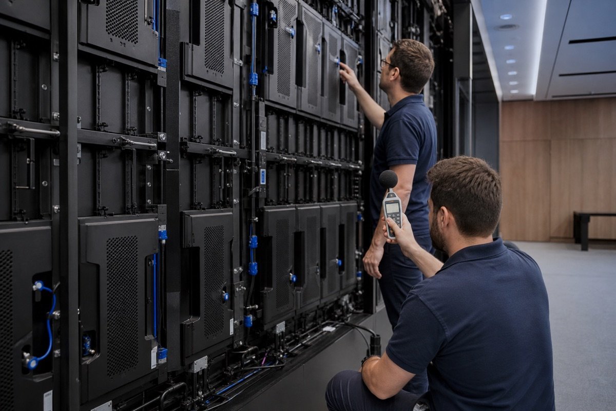 Technicians measuring noise behind LED wall cabinets during commissioning
