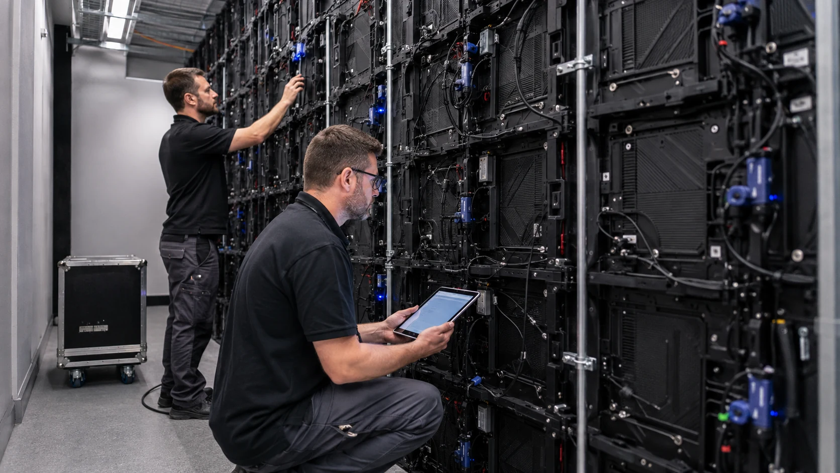 Qualified technicians inspecting rear-service LED wall cabinets with a tablet