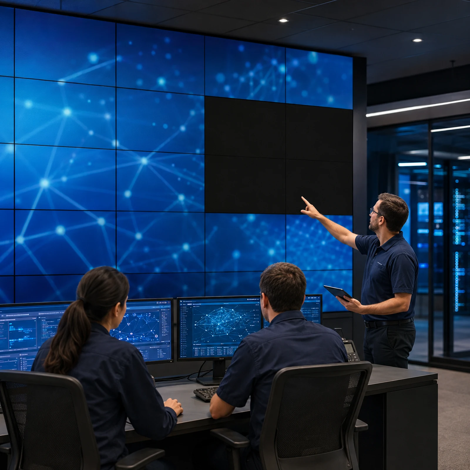 Operations team diagnosing a black cabinet section on a large LED video wall