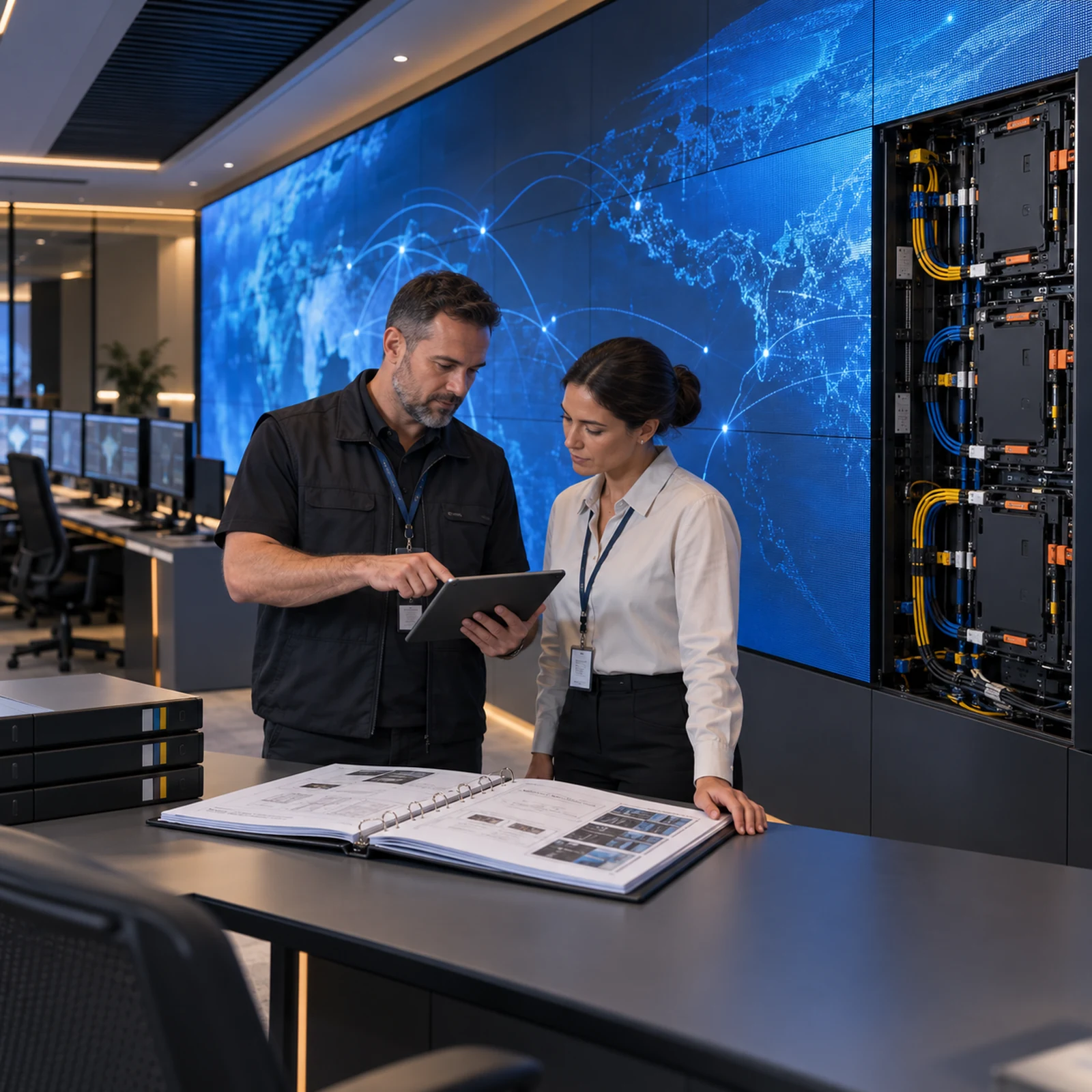 Facilities manager and AV integrator reviewing LED wall handover documents in a control room