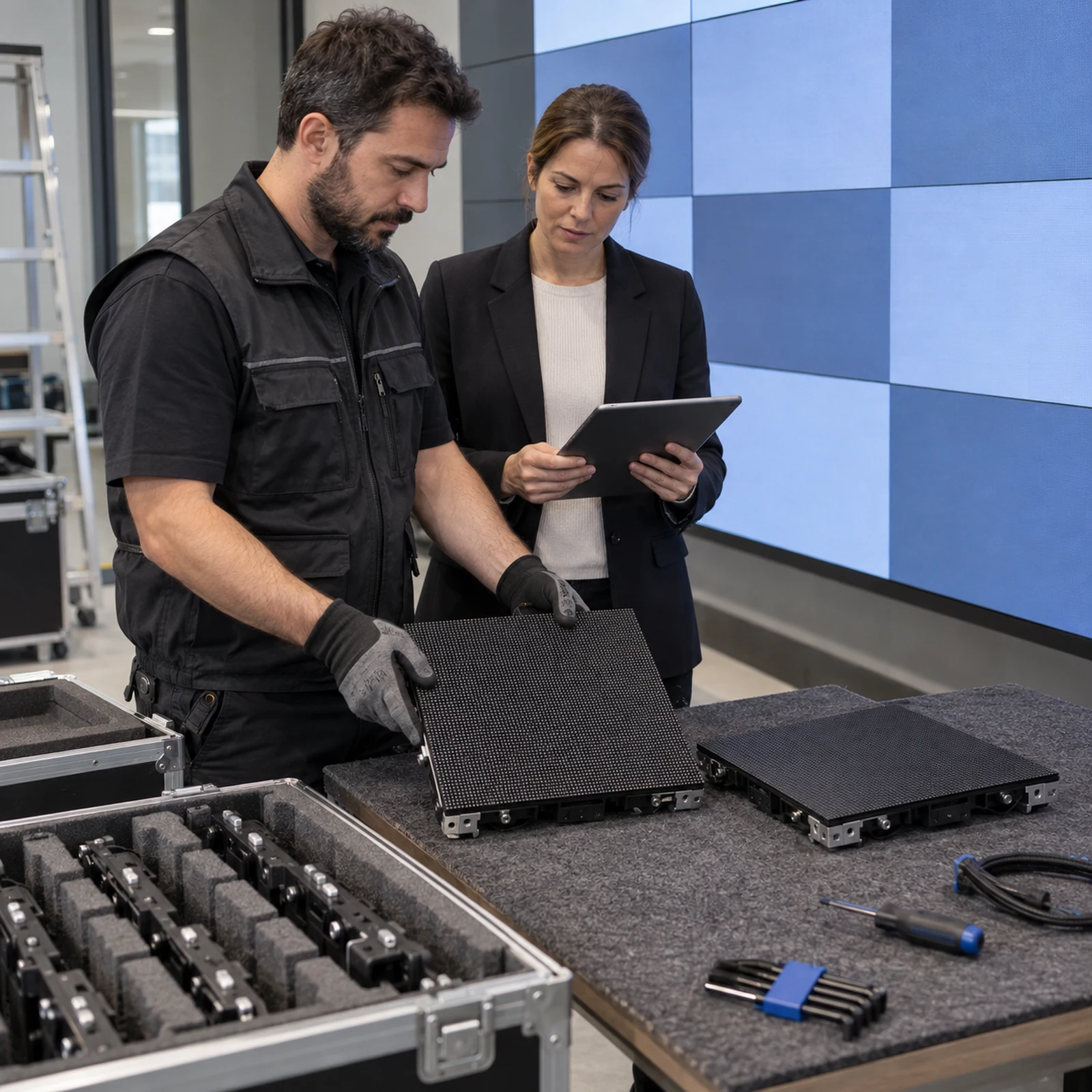 AV technician and facilities manager comparing spare LED modules beside an installed video wall