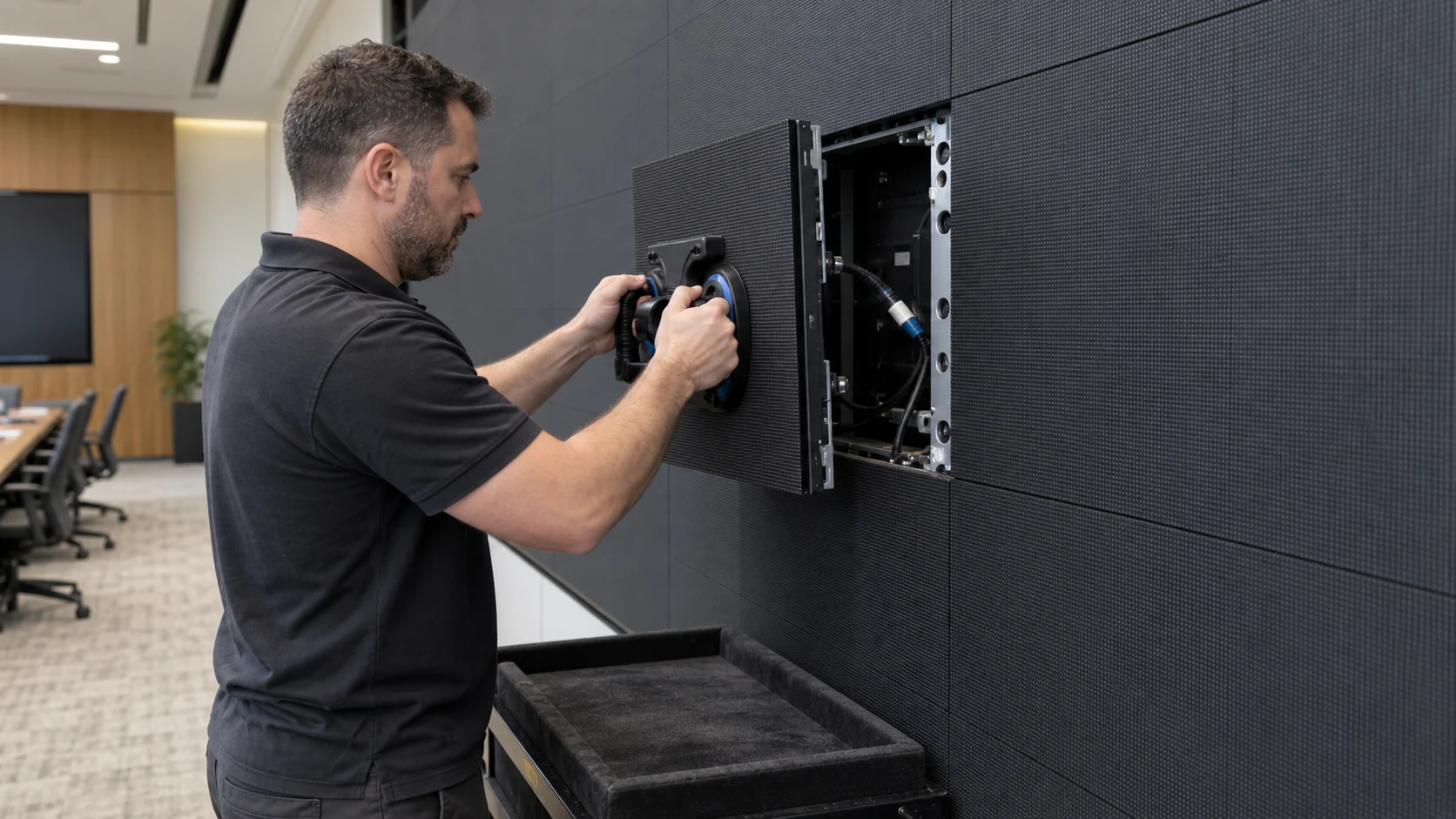 Technician using a vacuum service tool to remove one front-service LED module