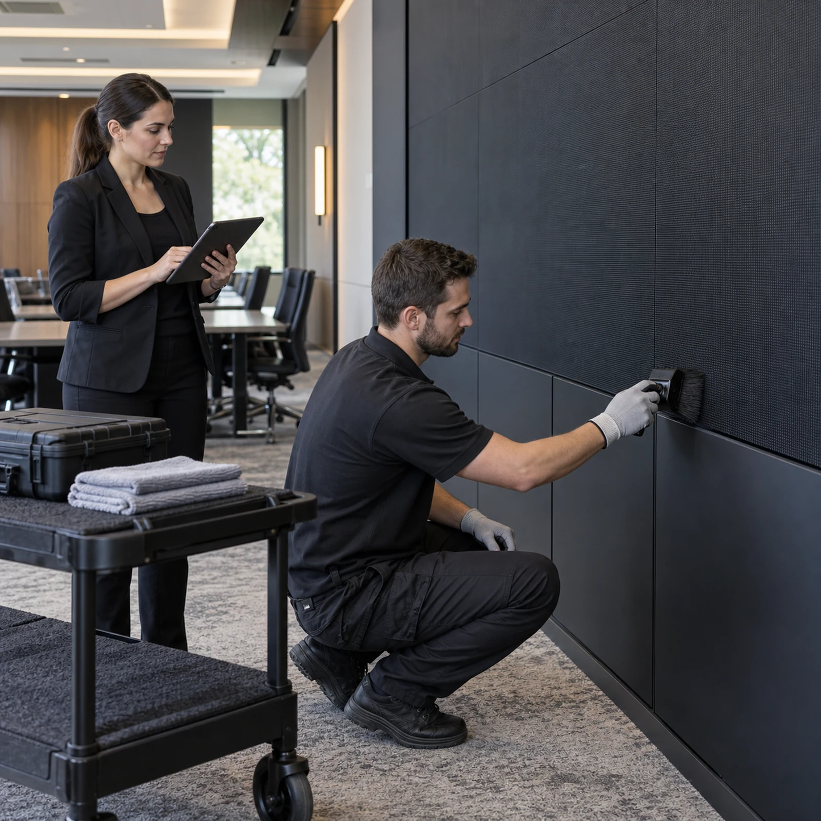Technician using a soft brush on a powered-off LED wall while a facilities manager records the inspection