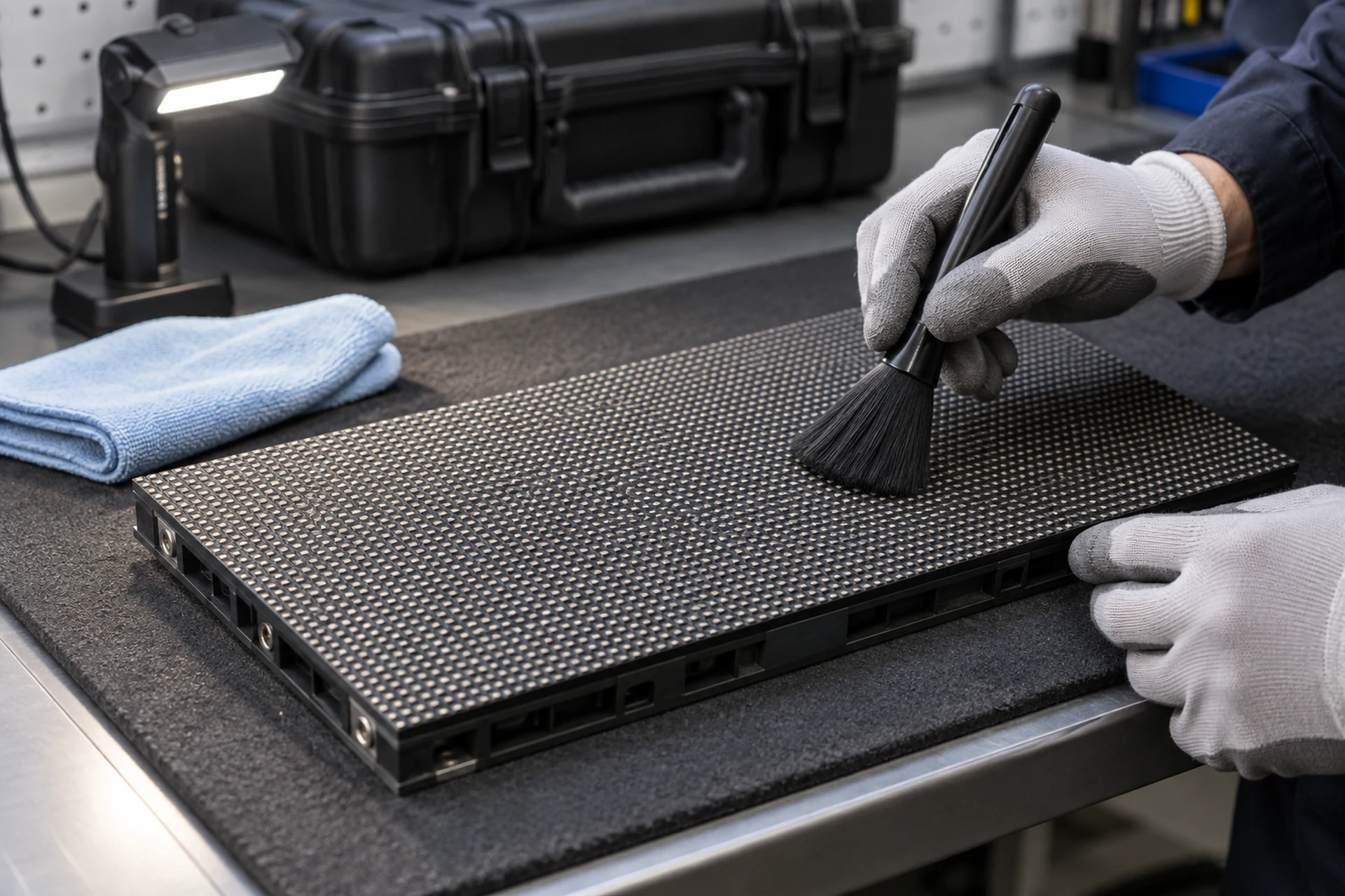 Gloved technician using a soft brush for dry dust removal on a supported LED module