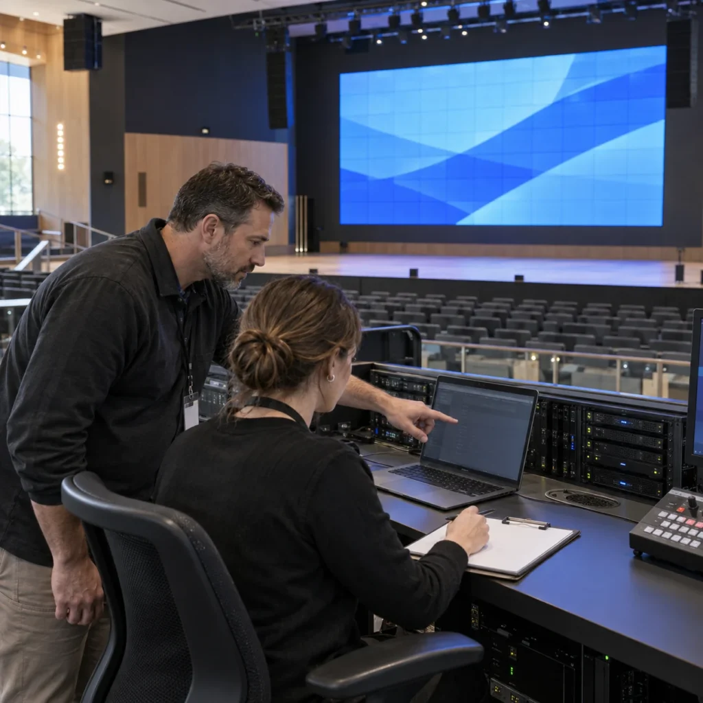 Supervisor and operator reviewing access permissions for an auditorium LED display