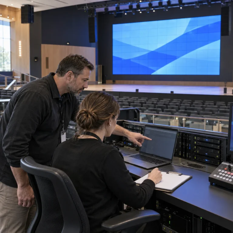 Supervisor and operator reviewing access permissions for an auditorium LED display