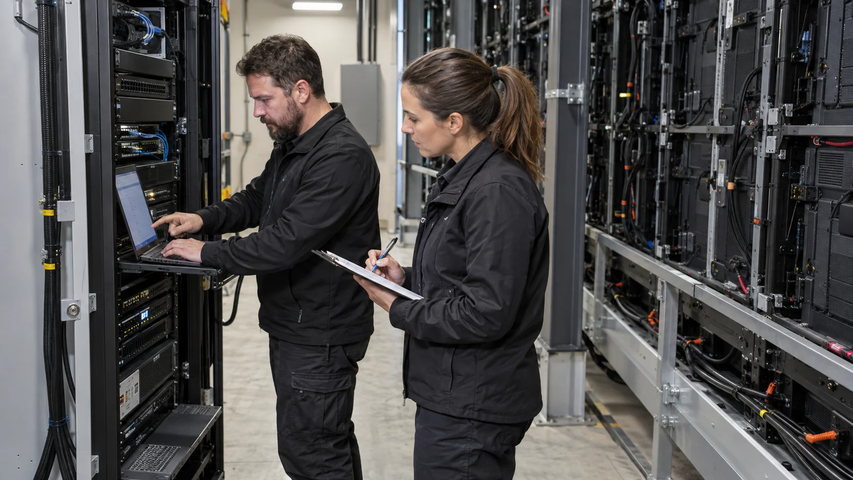 Technician and authorized operator verifying an LED display configuration change