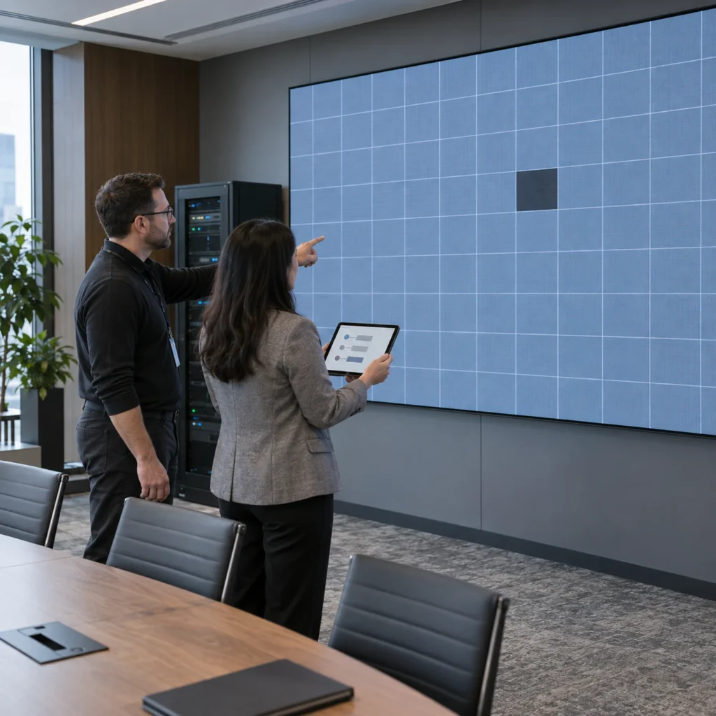 AV engineer and facility manager documenting a localized LED display fault