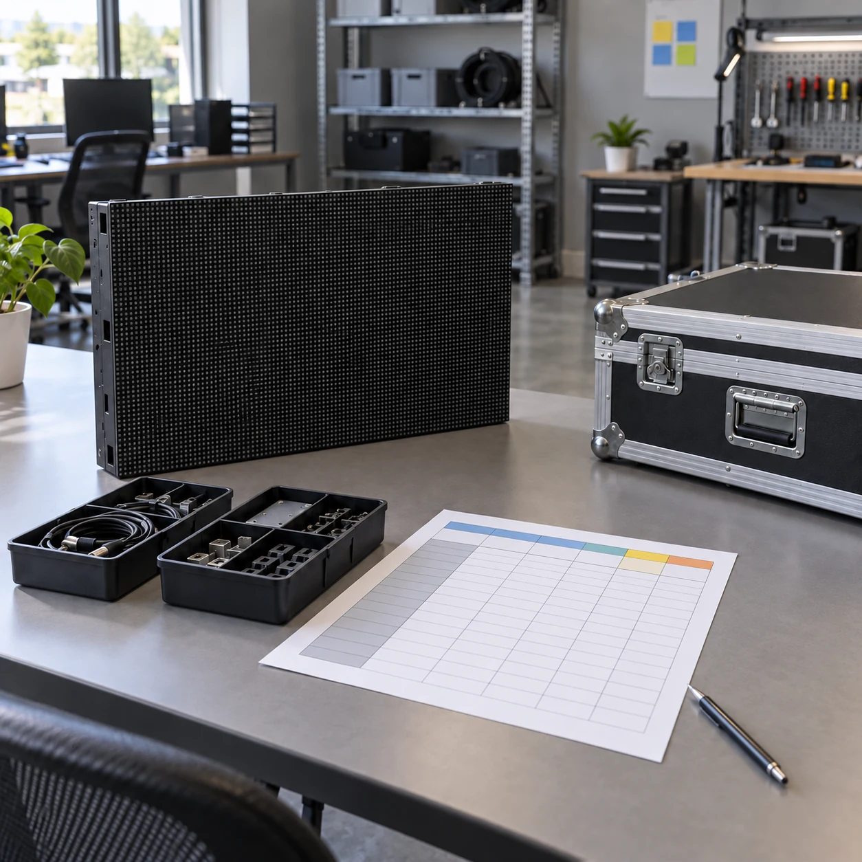 Unpowered LED display module beside spare-parts trays and a blank maintenance budget worksheet