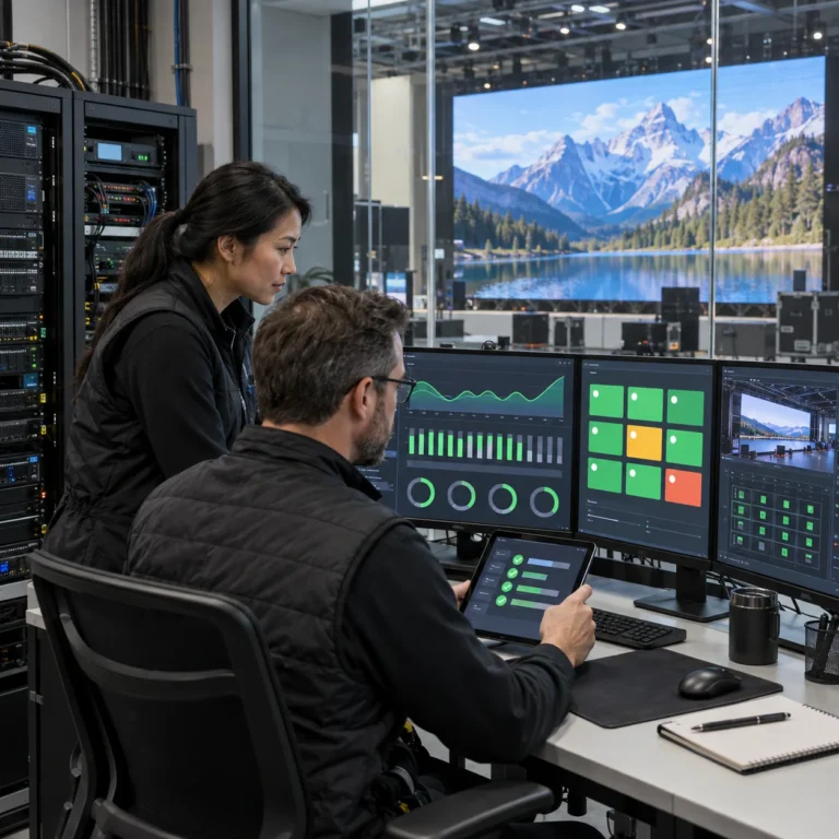 Maintenance managers reviewing LED display service KPIs in an operations room