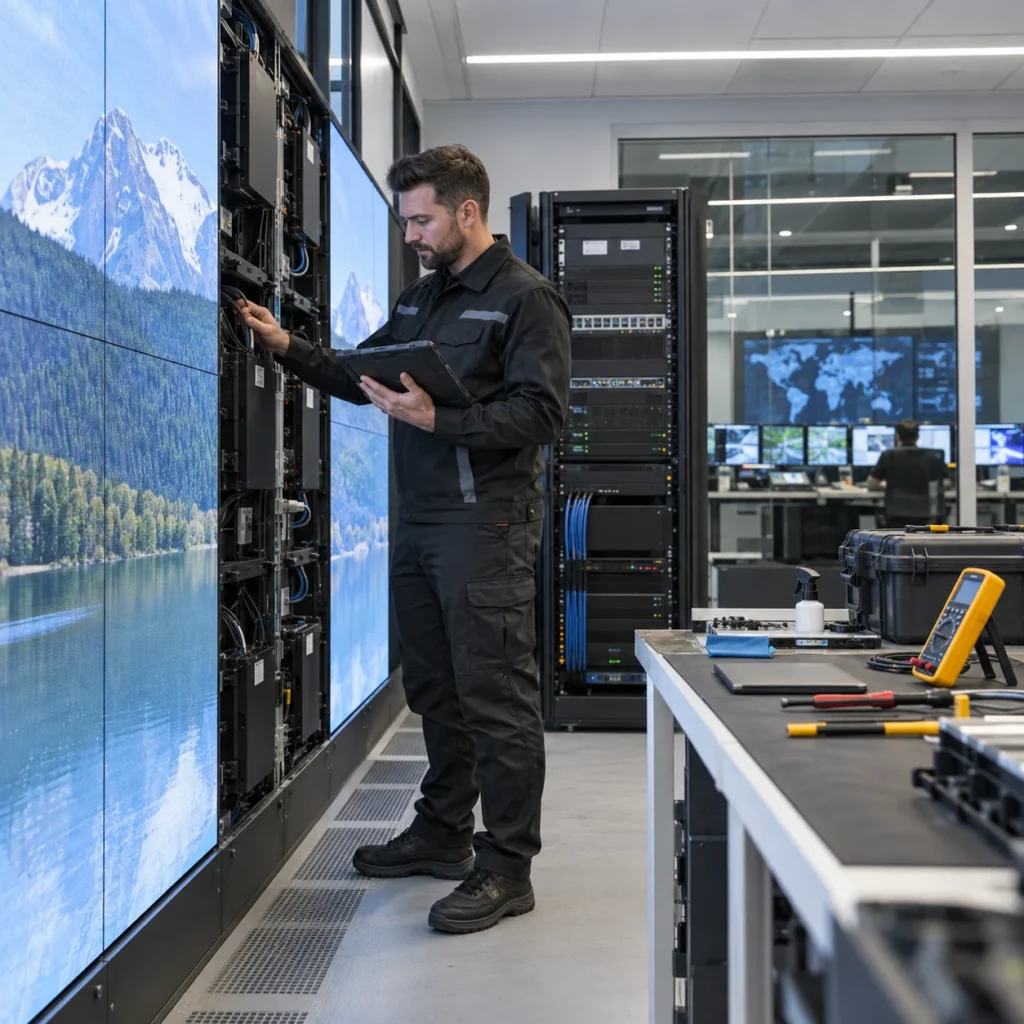 Technician recording an LED display maintenance inspection on a tablet