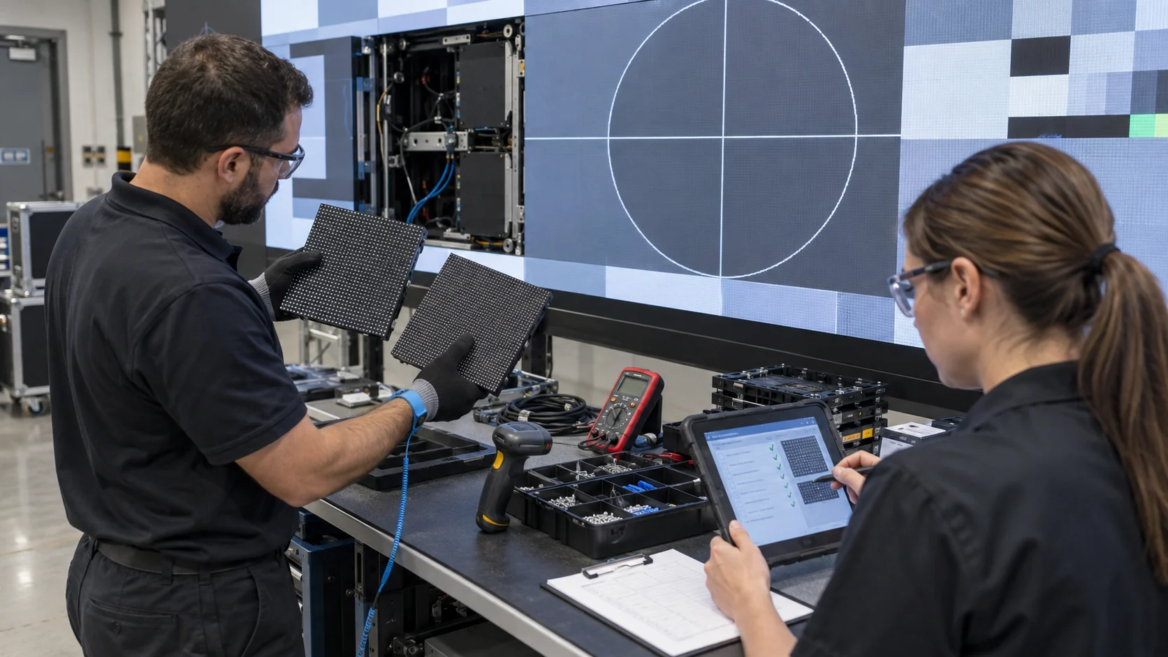 Technicians verifying replacement LED modules and closing a maintenance record