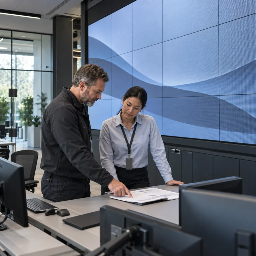 LED display service lead and facilities manager reviewing a maintenance SLA
