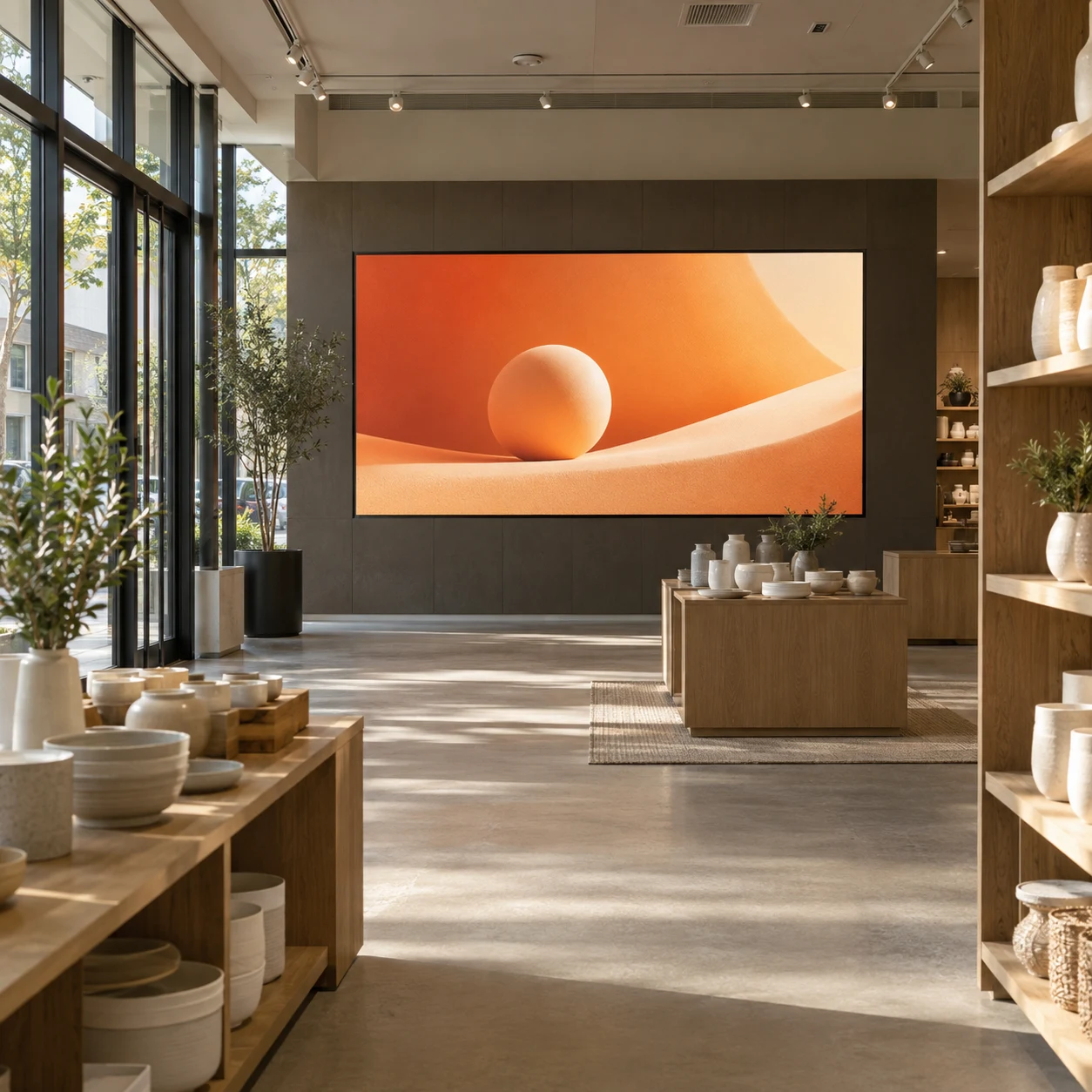 Wall-mounted LED display showing orange abstract content in a retail store with side glazing and a clear viewing aisle