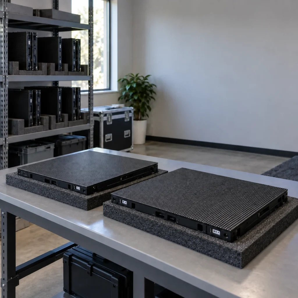Unpowered LED panels on protective foam with spare panels organized on a service-room shelf