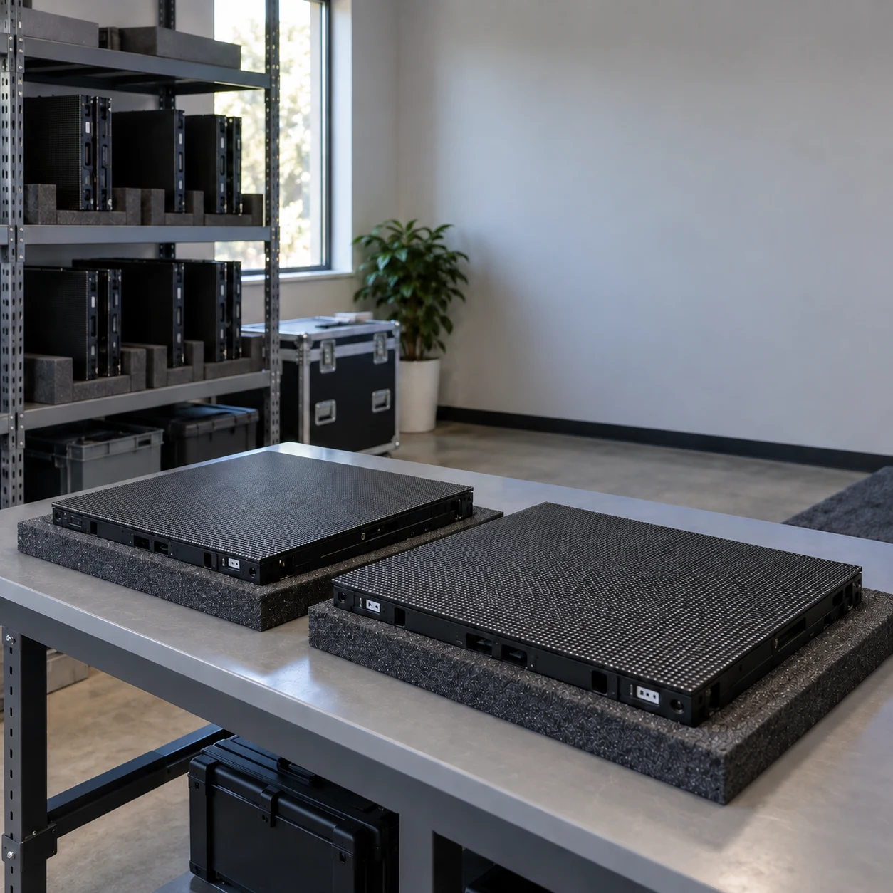 Unpowered LED panels on protective foam with spare panels organized on a service-room shelf