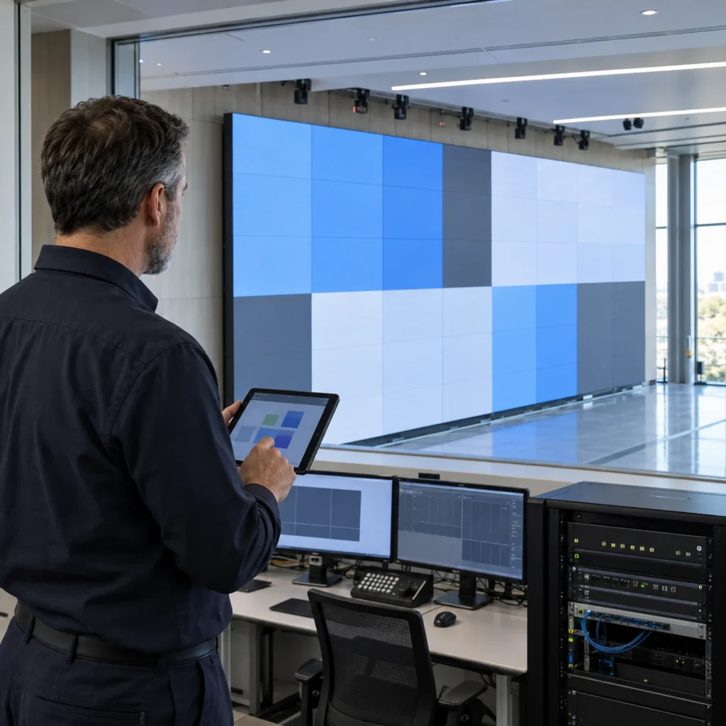 Facilities engineer checking an indoor LED wall with a remote monitoring tablet