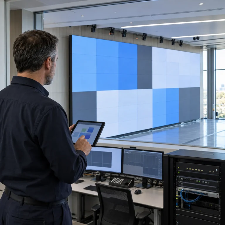 Facilities engineer checking an indoor LED wall with a remote monitoring tablet