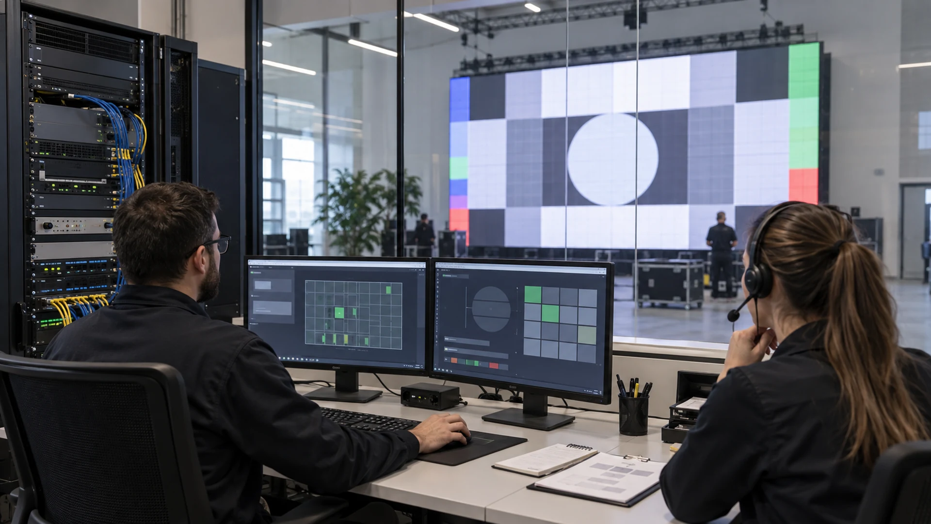 LED display support engineers reviewing cabinet status during remote incident triage