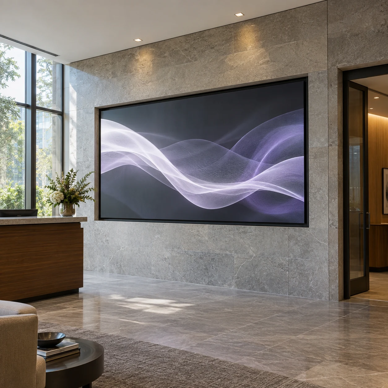 Landscape LED display recessed in a stone-clad lobby wall with dark perimeter trim, side glazing and an adjacent doorway