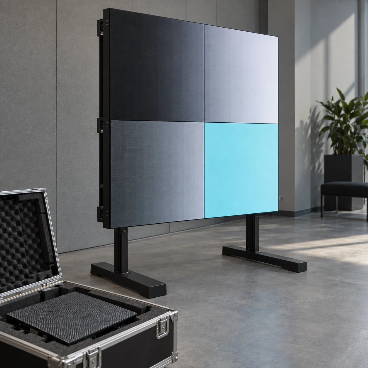 LED demonstration assembly on a floor stand beside an open transport case holding a display module