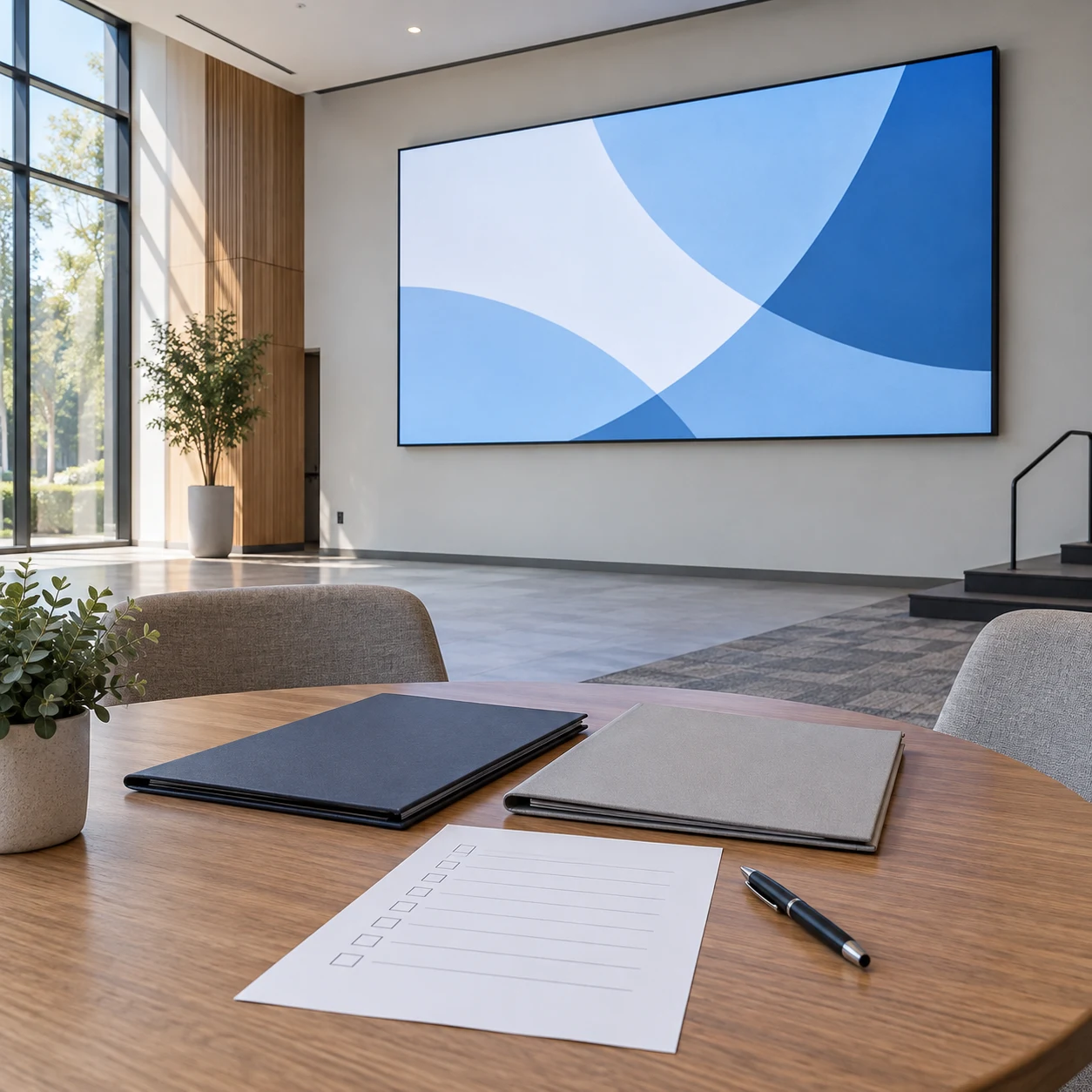 Handover folders and a blank checklist on a table facing a wall-mounted LED display in a venue