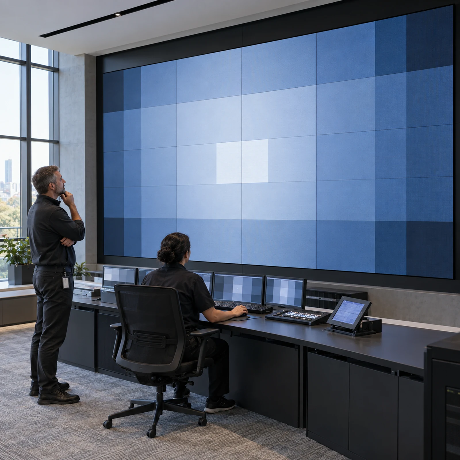 AV operator and facilities manager verifying an indoor LED wall startup