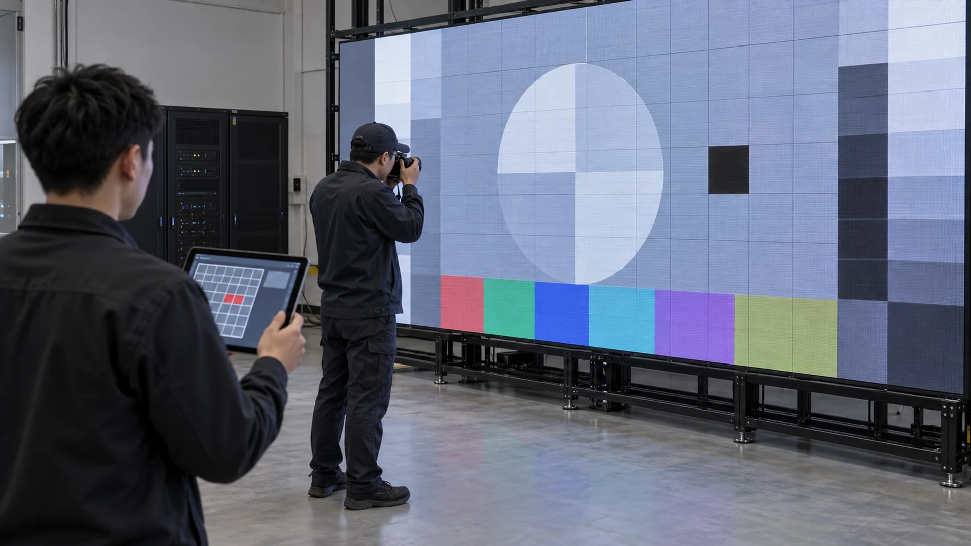 Technicians photographing a localized LED wall fault during evidence capture