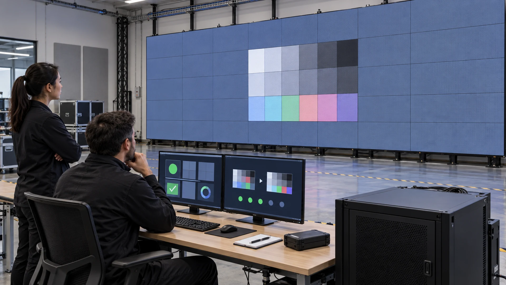 Technicians validating a staged LED display firmware rollout with test patterns