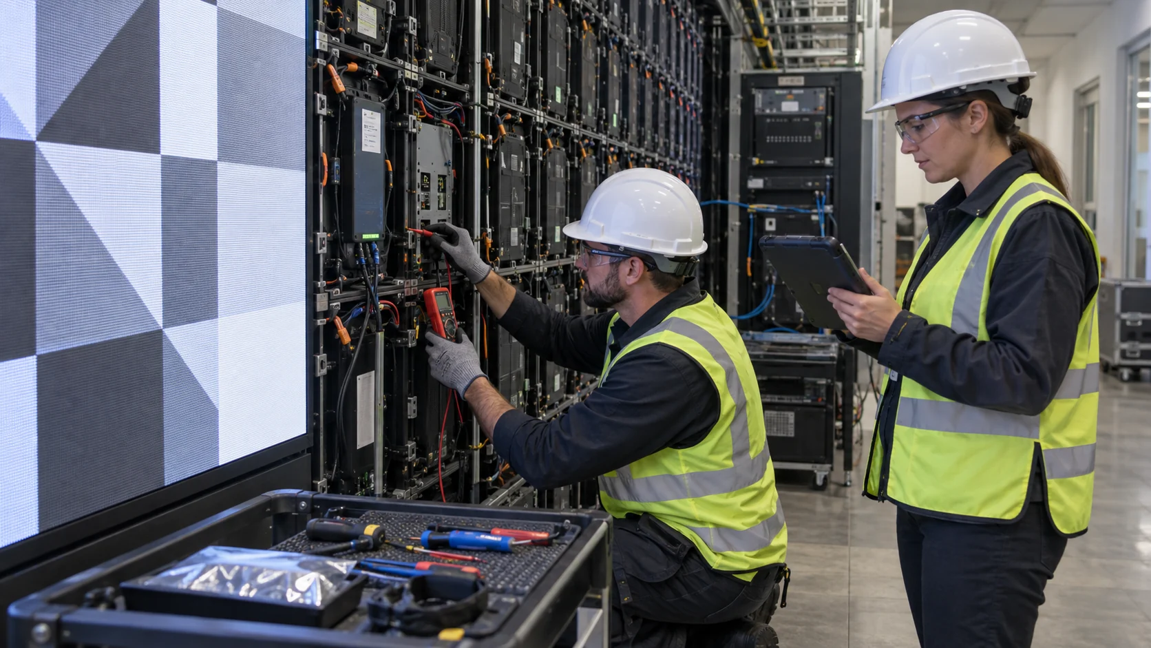 Technician measuring an LED cabinet while a supervisor records field evidence