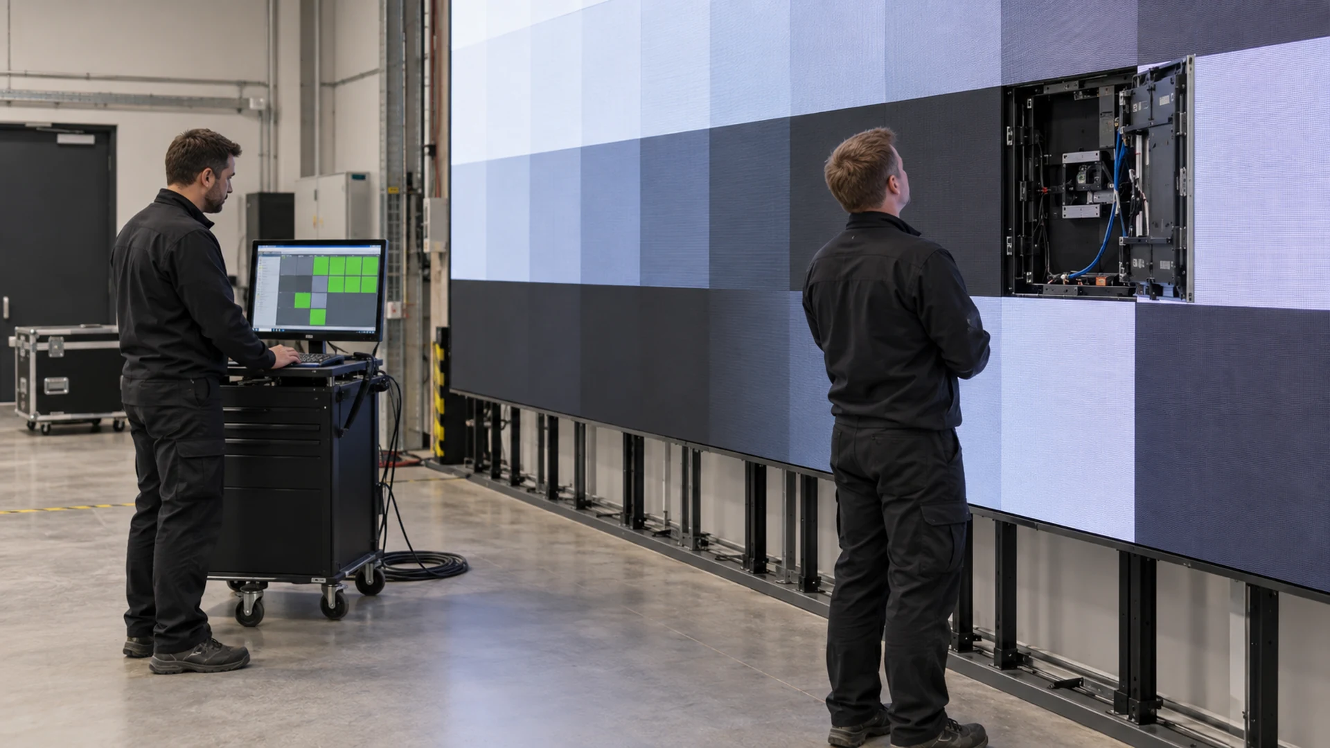Technicians comparing an LED wall test pattern with cabinet monitoring status