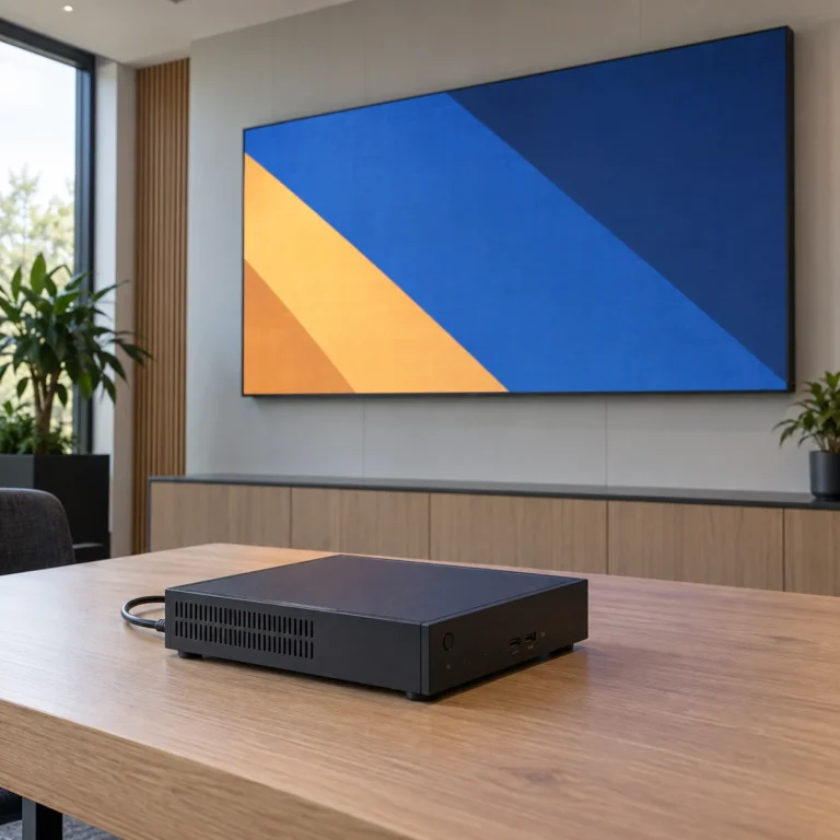 Compact dark media player on a wooden table in front of a wall-mounted display showing blue and amber geometric bands
